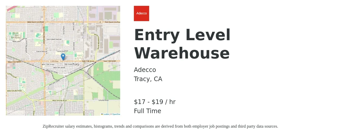 Adecco job posting for a Entry Level Warehouse in Tracy, CA with a salary of $18 to $20 Hourly with a map of Tracy location.