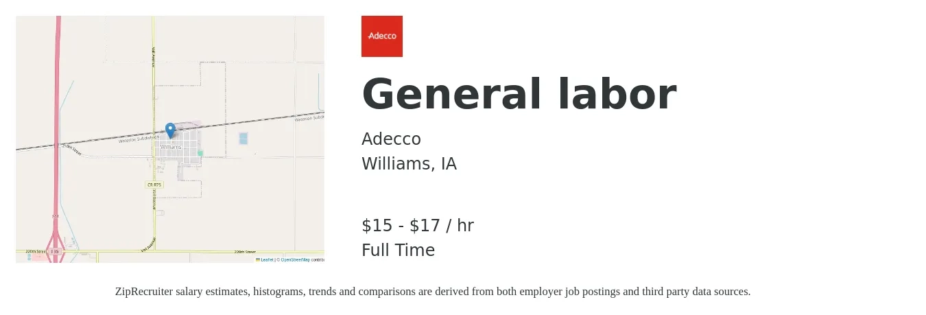 Adecco job posting for a General labor in Williams, IA with a salary of $16 to $18 Hourly with a map of Williams location.