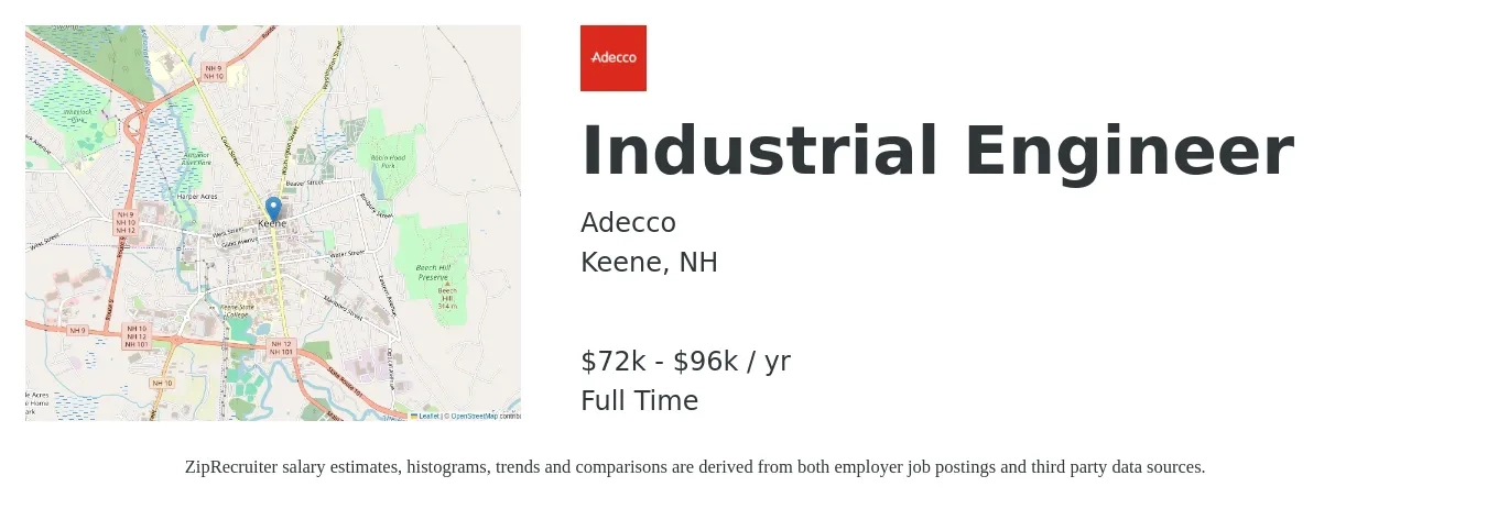 Adecco job posting for a Industrial Engineer in Keene, NH with a salary of $75,000 to $96,800 Yearly with a map of Keene location.