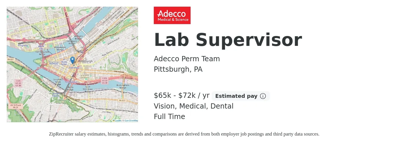 Adecco Perm Team job posting for a Lab Supervisor in Pittsburgh, PA with a salary of $65,000 to $72,000 Yearly and benefits including retirement, vision, dental, life_insurance, and medical with a map of Pittsburgh location.