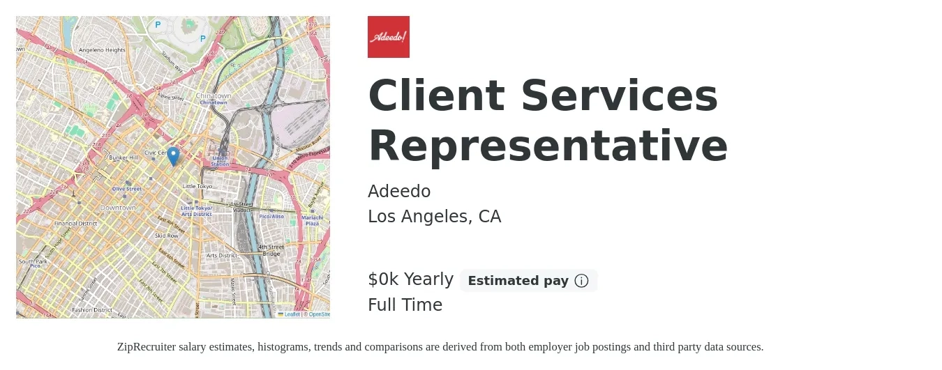 Adeedo job posting for a Client Services Representative in Los Angeles, CA with a salary of $20 to $23 Yearly with a map of Los Angeles location.