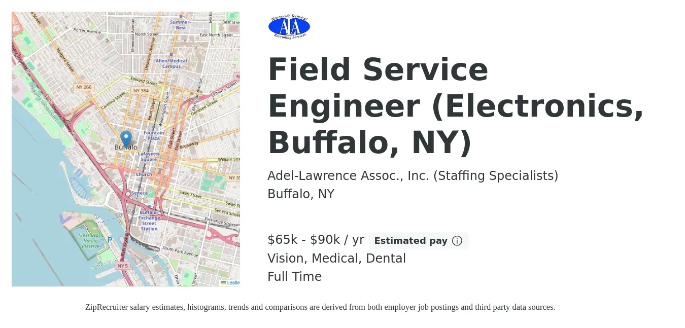 Adel-Lawrence Assoc., Inc. (Staffing Specialists) job posting for a Field Service Engineer (Electronics, Buffalo, NY) in Buffalo, NY with a salary of $65,000 to $90,000 Yearly and benefits including vision, dental, life_insurance, medical, pto, and retirement with a map of Buffalo location.