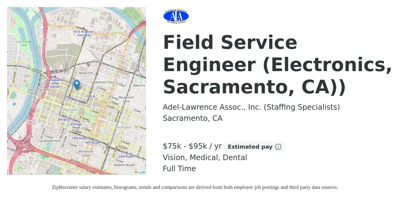 Adel-Lawrence Assoc., Inc. (Staffing Specialists) job posting for a Field Service Engineer (Electronics, Sacramento, CA)) in Sacramento, CA with a salary of $75,000 to $95,000 Yearly and benefits including vision, dental, life_insurance, medical, pto, and retirement with a map of Sacramento location.