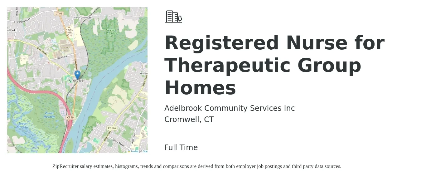 Adelbrook Community Services Inc job posting for a Registered Nurse for Therapeutic Group Homes in Cromwell, CT with a salary of $33 to $53 Hourly with a map of Cromwell location.
