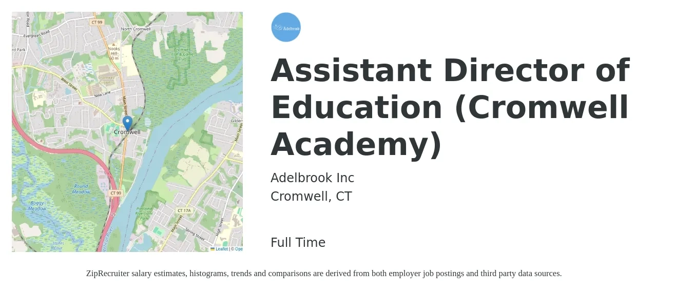Adelbrook Inc job posting for a Assistant Director of Education (Cromwell Academy) in Cromwell, CT with a salary of $51,700 to $87,600 Yearly with a map of Cromwell location.