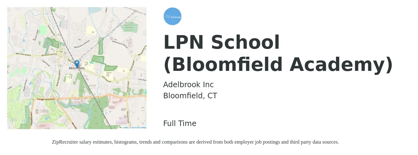 Adelbrook Inc job posting for a LPN School (Bloomfield Academy) in Bloomfield, CT with a salary of $26 to $35 Hourly with a map of Bloomfield location.