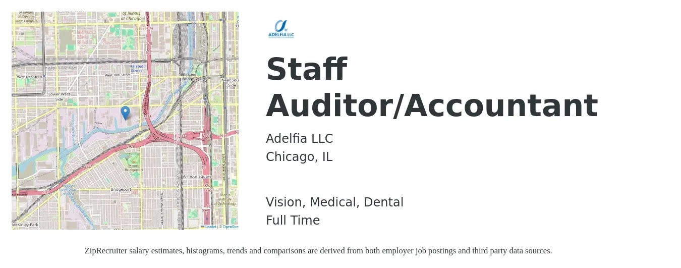 Adelfia LLC job posting for a Staff Auditor/Accountant in Chicago, IL with a salary of $55,100 to $101,500 Yearly and benefits including vision, dental, life_insurance, medical, and retirement with a map of Chicago location.