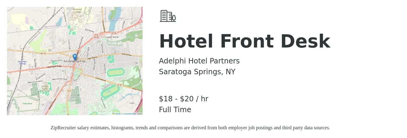 Adelphi Hotel Partners job posting for a Hotel Front Desk in Saratoga Springs, NY with a salary of $19 to $21 Hourly with a map of Saratoga Springs location.