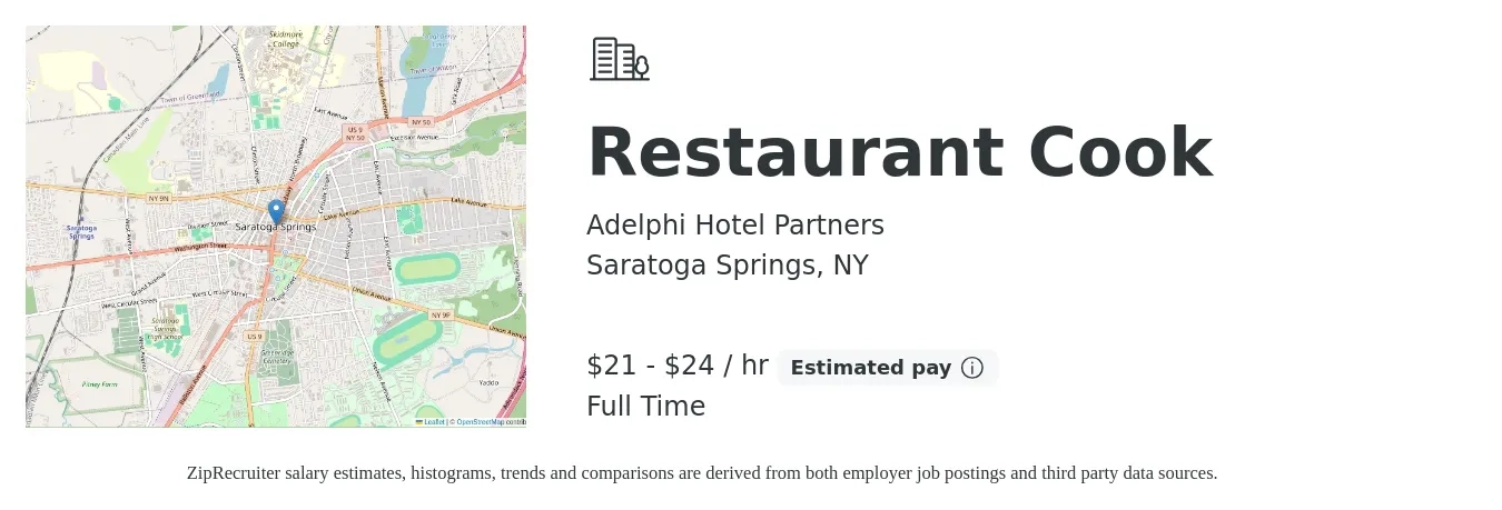 Adelphi Hotel Partners job posting for a Restaurant Cook in Saratoga Springs, NY with a salary of $22 to $25 Hourly with a map of Saratoga Springs location.
