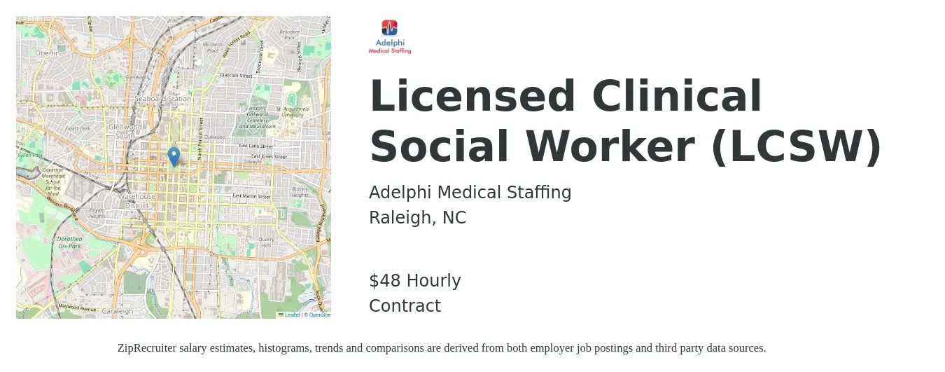 Adelphi Medical Staffing job posting for a Licensed Clinical Social Worker (LCSW) in Raleigh, NC with a salary of $1,520 Weekly with a map of Raleigh location.