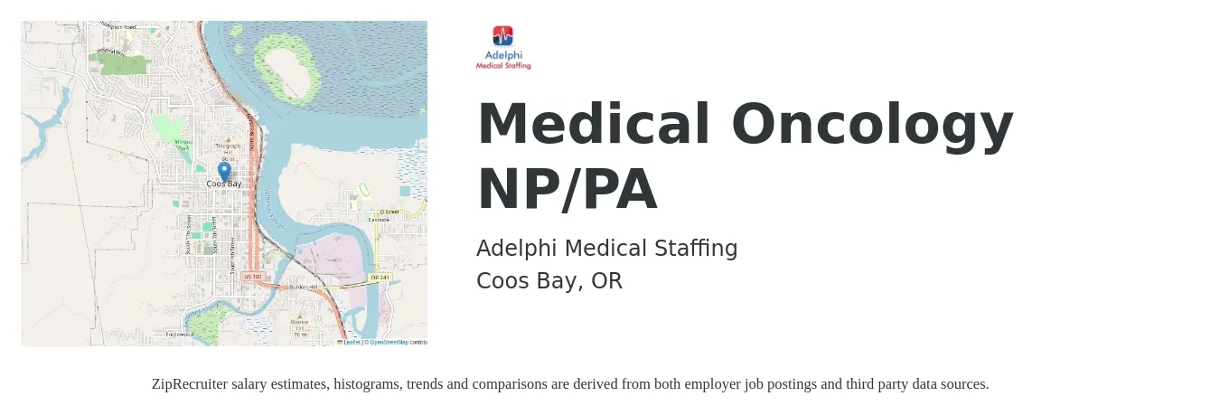Adelphi Medical Staffing job posting for a Medical Oncology NP/PA in Coos Bay, OR with a salary of $321,200 to $378,400 Yearly with a map of Coos Bay location.