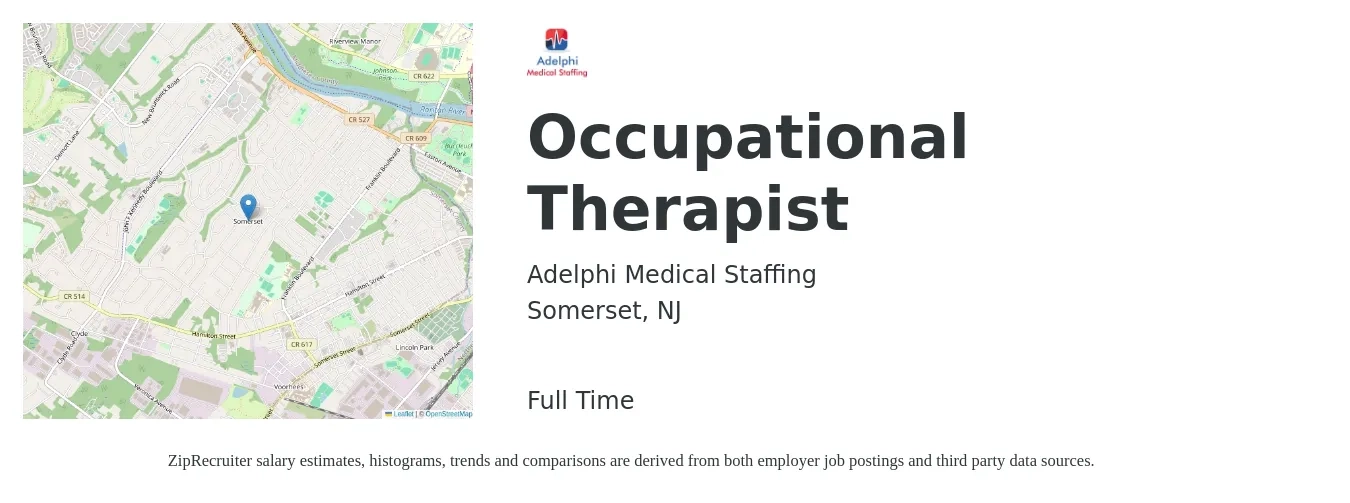 Adelphi Medical Staffing job posting for a Occupational Therapist in Somerset, NJ with a salary of $42 to $56 Hourly with a map of Somerset location.