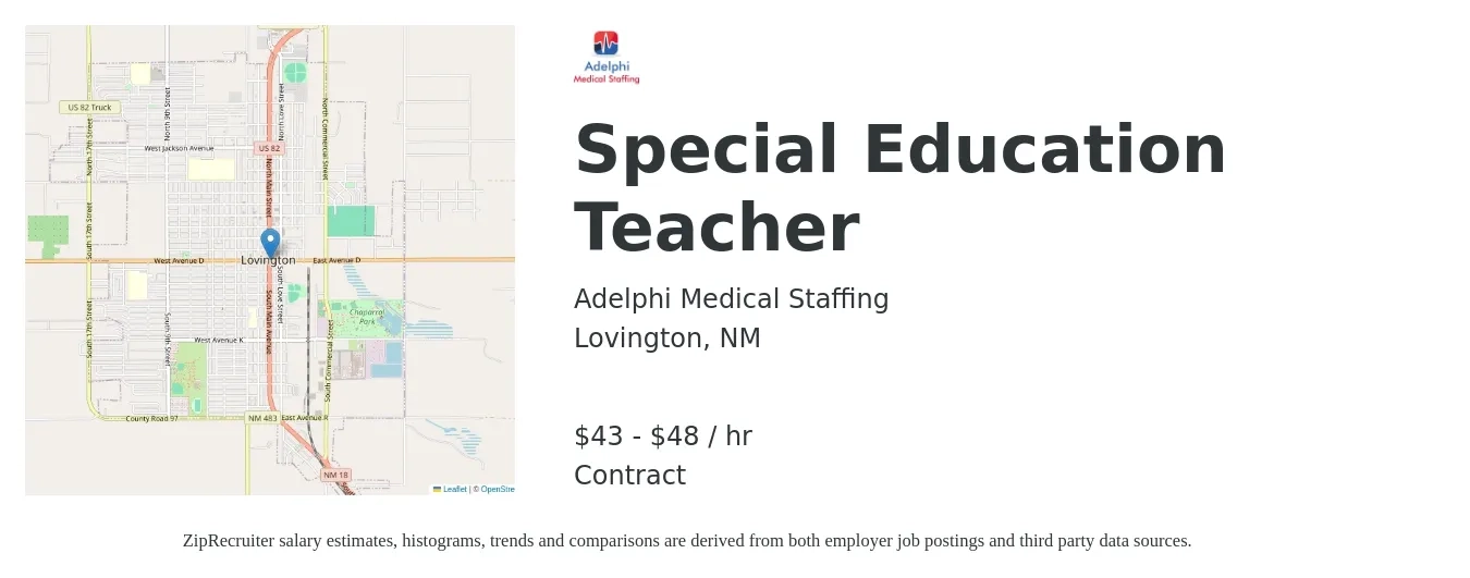 Adelphi Medical Staffing job posting for a Special Education Teacher in Lovington, NM with a salary of $45 to $50 Hourly with a map of Lovington location.