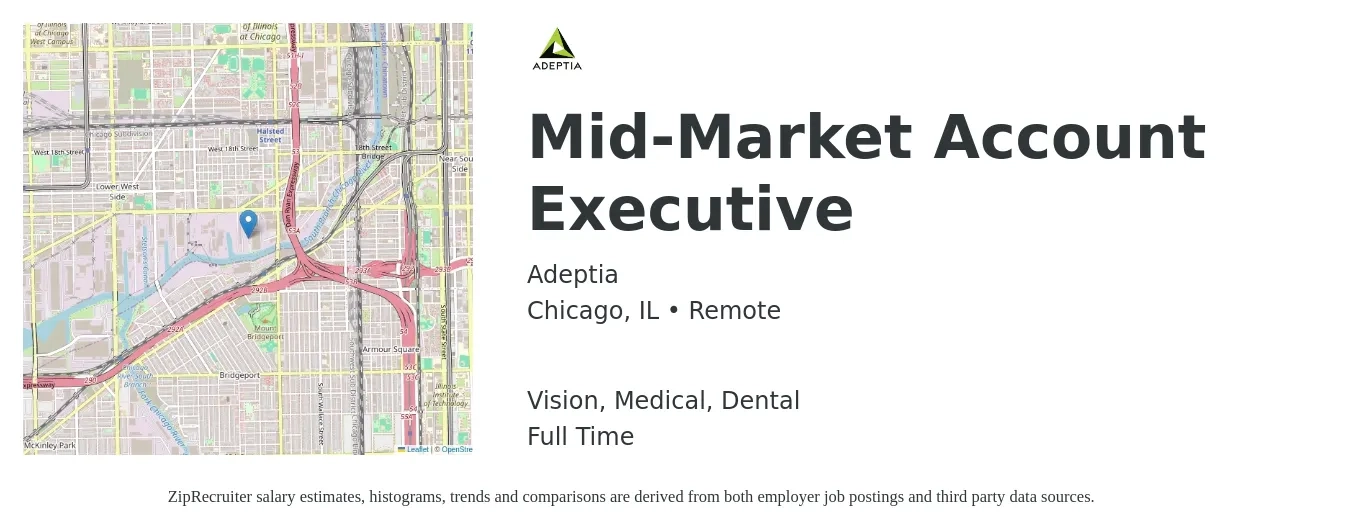 Adeptia job posting for a Mid-Market Account Executive in Chicago, IL with a salary of $55,600 to $97,900 Yearly and benefits including dental, life_insurance, medical, pto, retirement, and vision with a map of Chicago location.