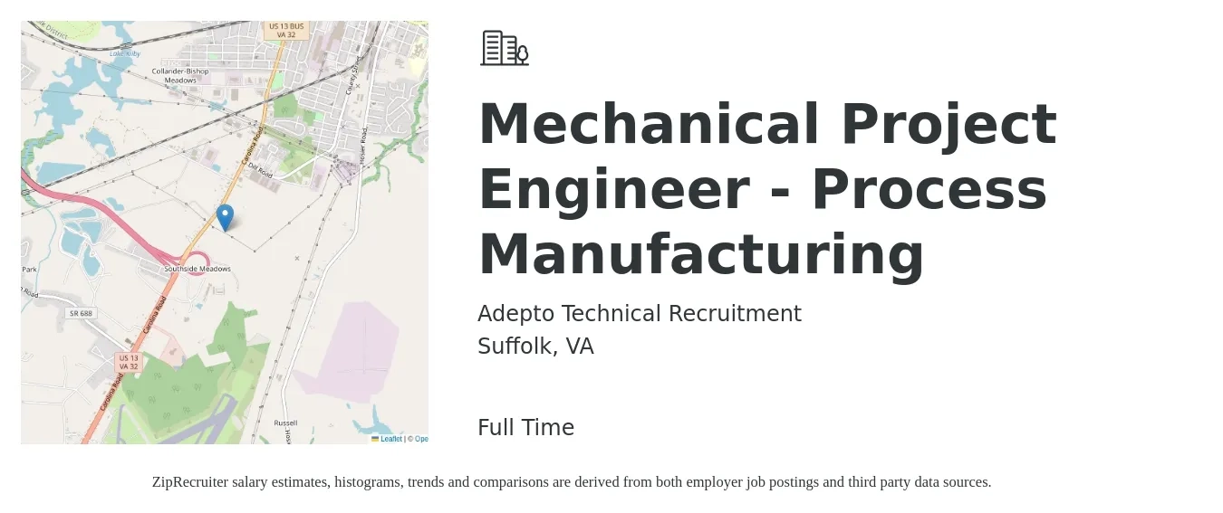 Adepto Technical Recruitment job posting for a Mechanical Project Engineer - Process Manufacturing in Suffolk, VA with a salary of $69,900 to $92,300 Yearly with a map of Suffolk location.