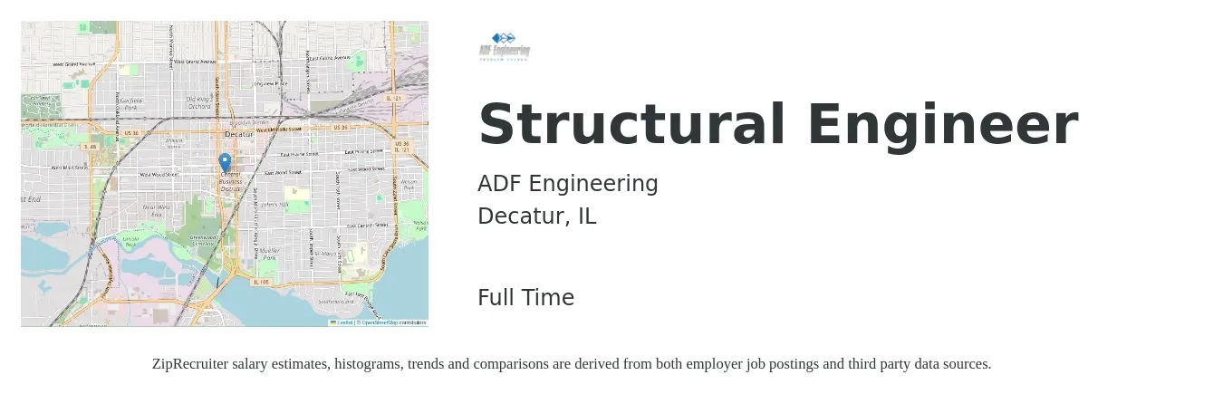 ADF Engineering job posting for a Structural Engineer in Decatur, IL with a salary of $77,600 to $109,600 Yearly with a map of Decatur location.