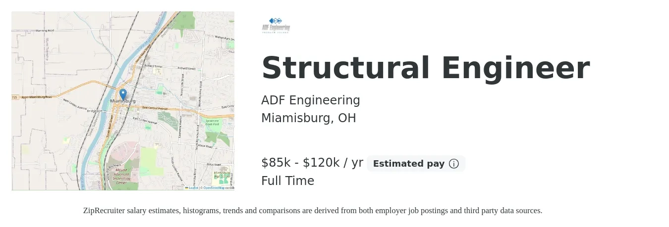 ADF Engineering job posting for a Structural Engineer in Miamisburg, OH with a salary of $85,000 to $120,000 Yearly with a map of Miamisburg location.
