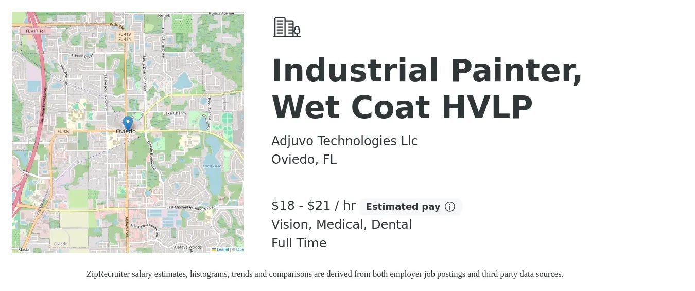 Adjuvo Technologies Llc job posting for a Industrial Painter, Wet Coat HVLP in Oviedo, FL with a salary of $19 to $22 Hourly and benefits including dental, life_insurance, medical, pto, retirement, and vision with a map of Oviedo location.