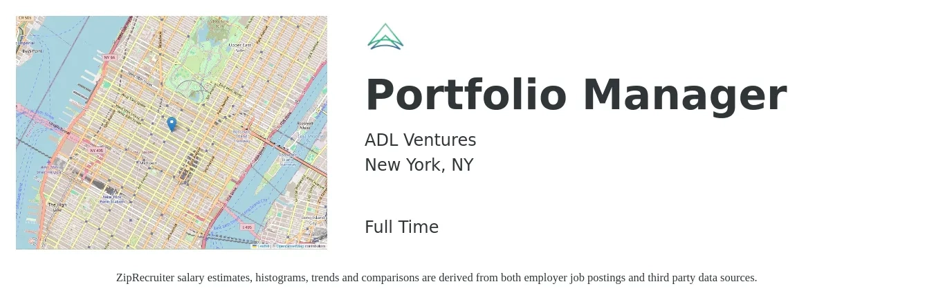 ADL Ventures job posting for a Portfolio Manager in New York, NY with a salary of $71,700 to $142,200 Yearly with a map of New York location.