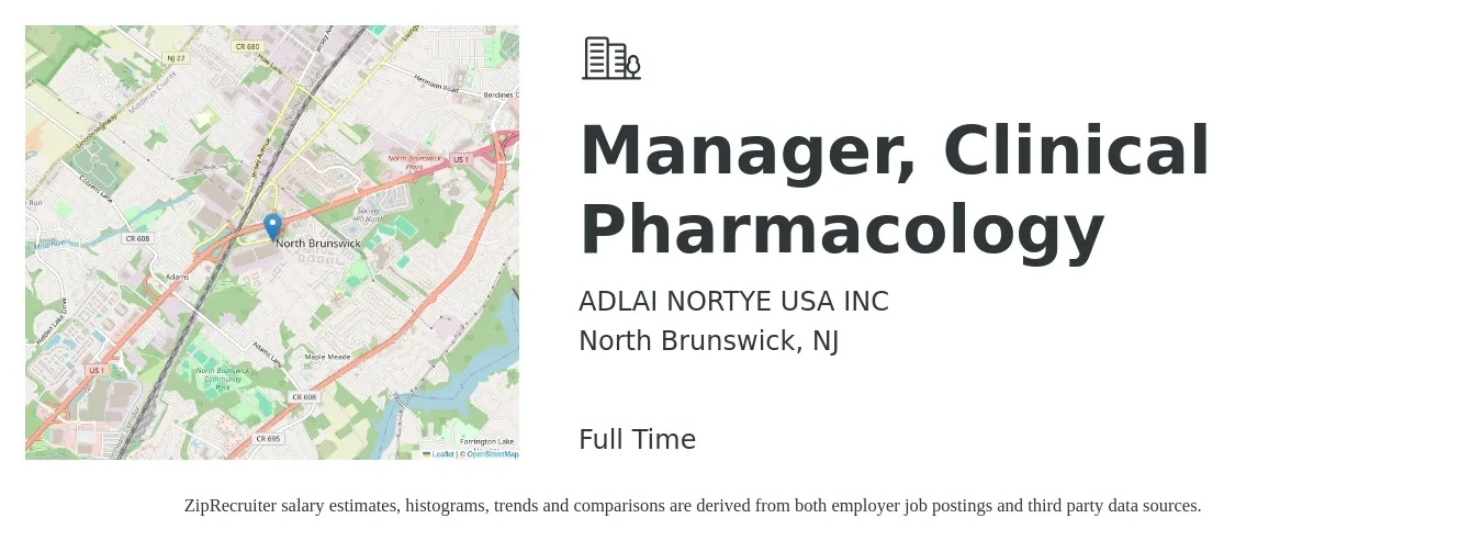 ADLAI NORTYE USA INC job posting for a Manager, Clinical Pharmacology in North Brunswick, NJ with a salary of $89,600 to $165,500 Yearly with a map of North Brunswick location.