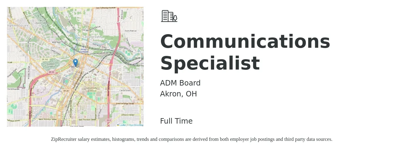 ADM Board job posting for a Communications Specialist in Akron, OH with a salary of $25 to $31 Hourly with a map of Akron location.