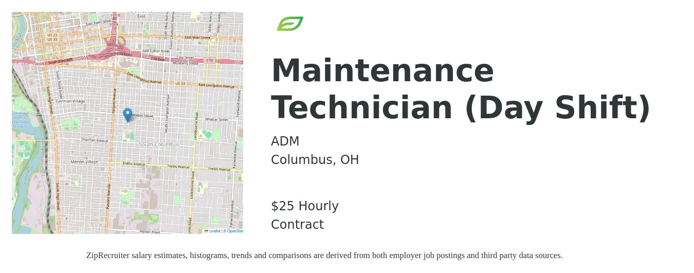 ADM job posting for a Maintenance Technician (Day Shift) in Columbus, OH with a salary of $26 Hourly with a map of Columbus location.