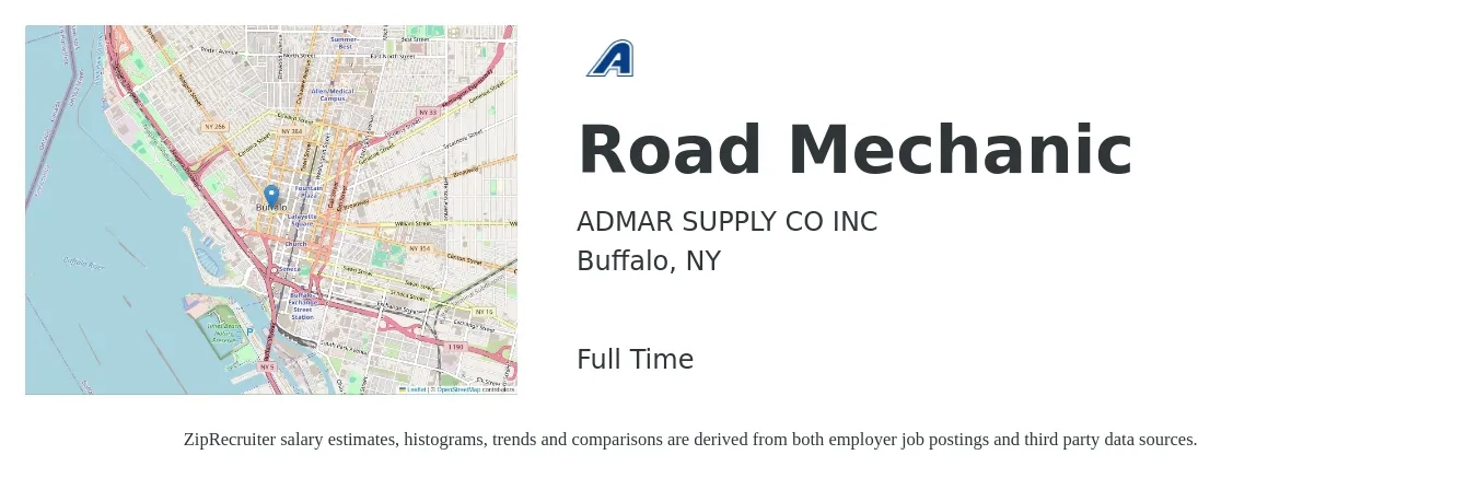 ADMAR SUPPLY CO INC job posting for a Road Mechanic in Buffalo, NY with a salary of $38,700 Yearly with a map of Buffalo location.