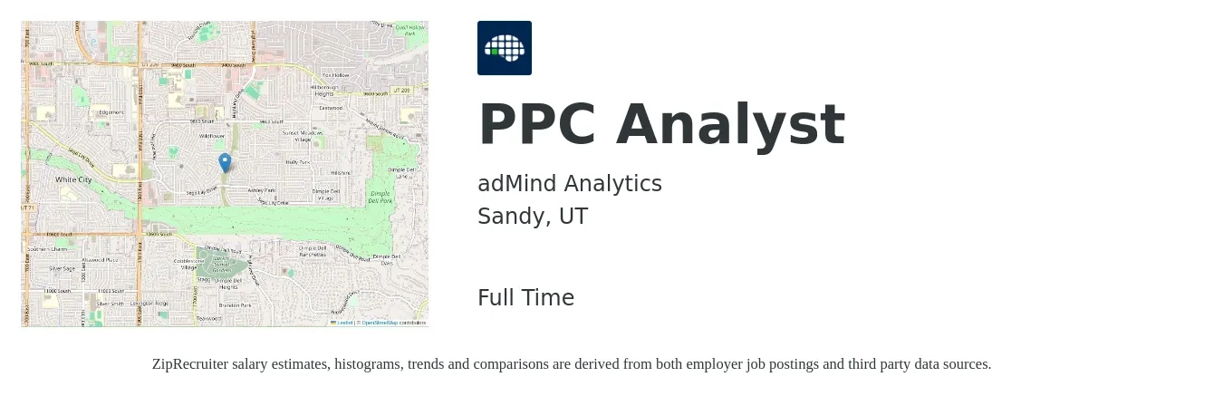 adMind Analytics job posting for a PPC Analyst in Sandy, UT with a salary of $60,000 to $90,000 Yearly with a map of Sandy location.