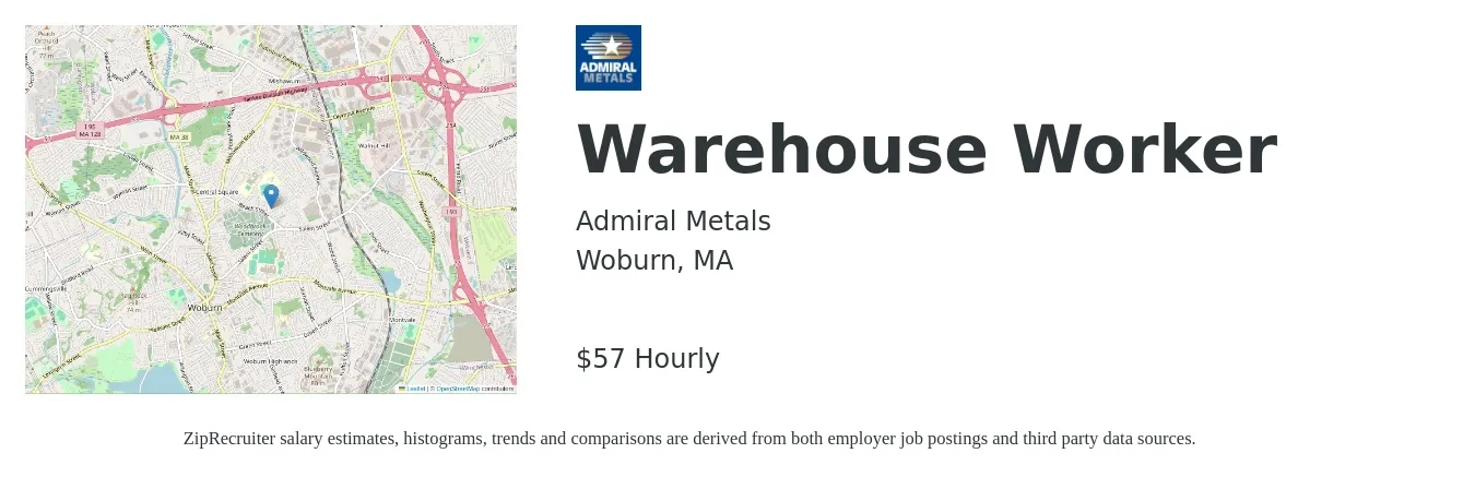 Admiral Metals job posting for a Warehouse Worker in Woburn, MA with a salary of $25 Hourly with a map of Woburn location.