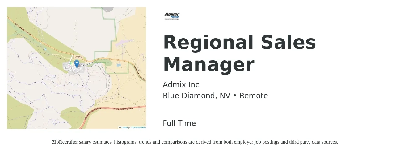 Admix Inc job posting for a Regional Sales Manager in Blue Diamond, NV with a salary of $71,600 to $111,900 Yearly with a map of Blue Diamond location.