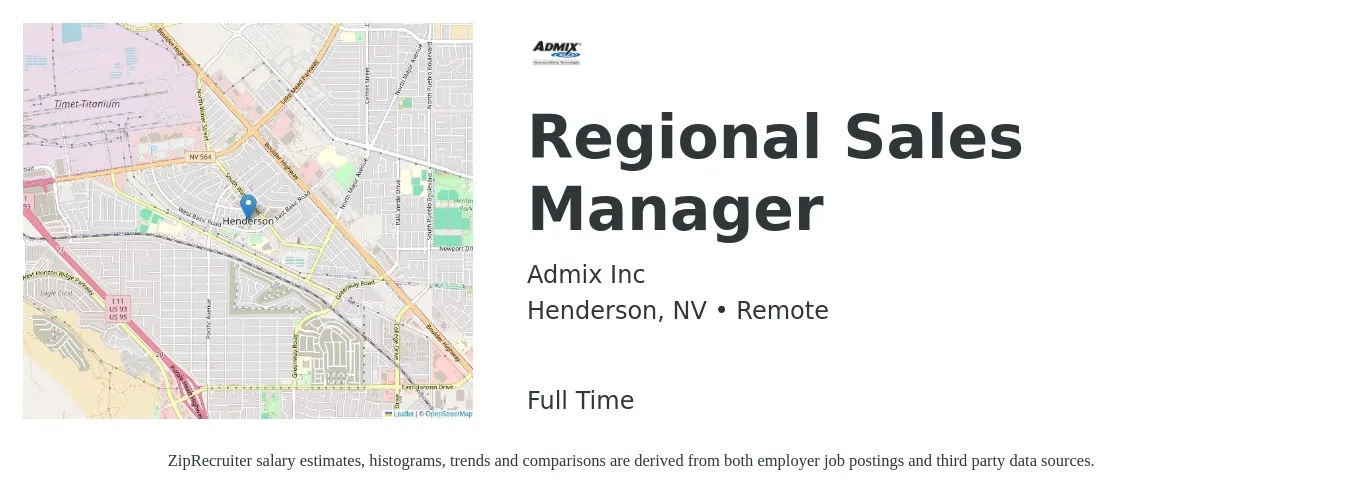 Admix Inc job posting for a Regional Sales Manager in Henderson, NV with a salary of $65,500 to $102,300 Yearly with a map of Henderson location.