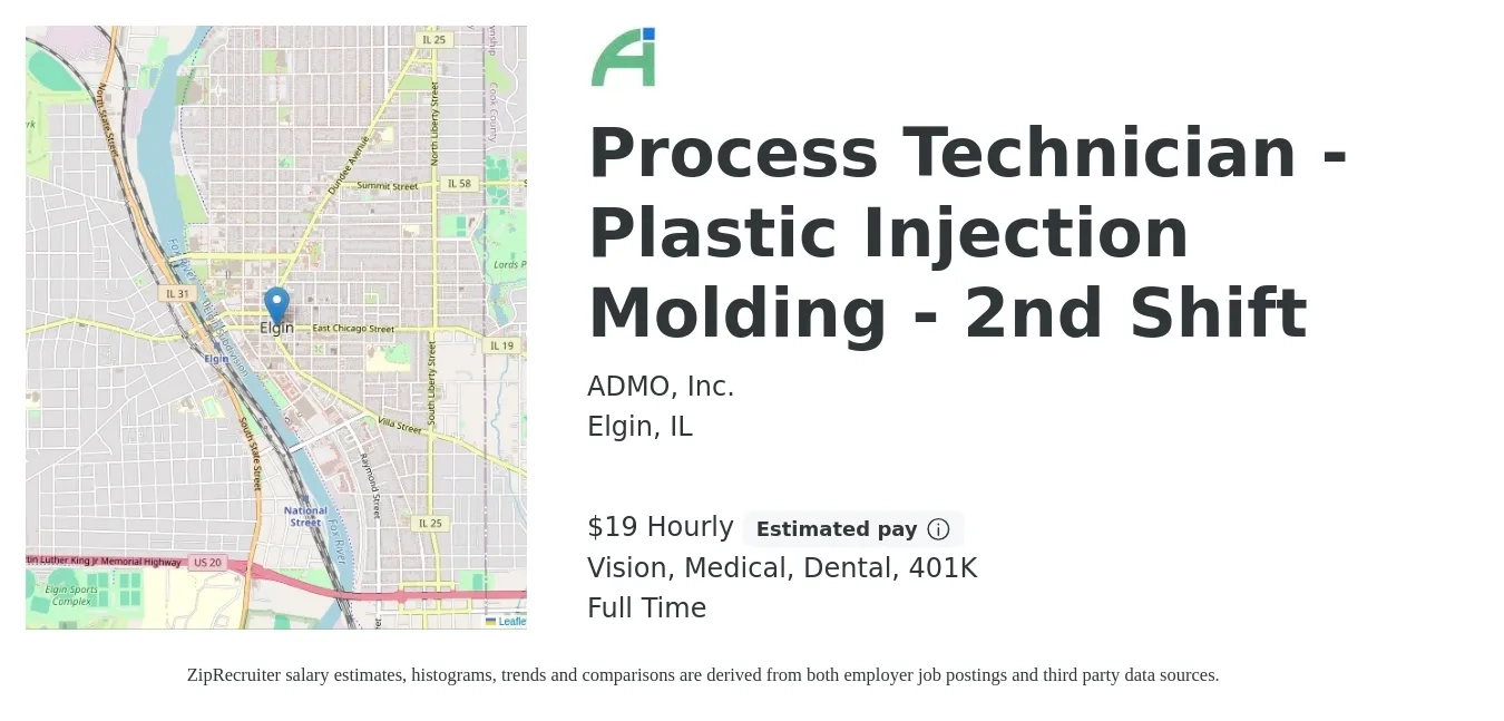 ADMO, Inc. job posting for a Process Technician - Plastic Injection Molding - 2nd Shift in Elgin, IL with a salary of $20 to $20 Hourly and benefits including 401k, dental, life_insurance, medical, and vision with a map of Elgin location.