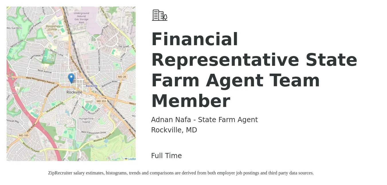 Adnan Nafa - State Farm Agent job posting for a Financial Representative State Farm Agent Team Member in Rockville, MD with a salary of $43,300 to $64,200 Yearly with a map of Rockville location.