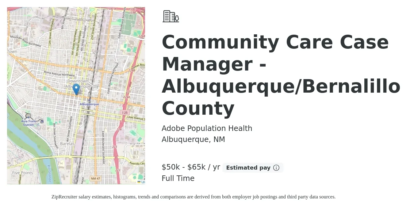 Adobe Population Health job posting for a Community Care Case Manager - Albuquerque/Bernalillo County in Albuquerque, NM with a salary of $50,000 to $65,000 Yearly with a map of Albuquerque location.
