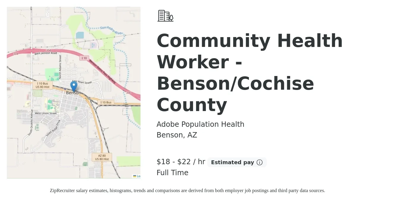 Adobe Population Health job posting for a Community Health Worker - Benson/Cochise County in Benson, AZ with a salary of $19 to $23 Hourly with a map of Benson location.
