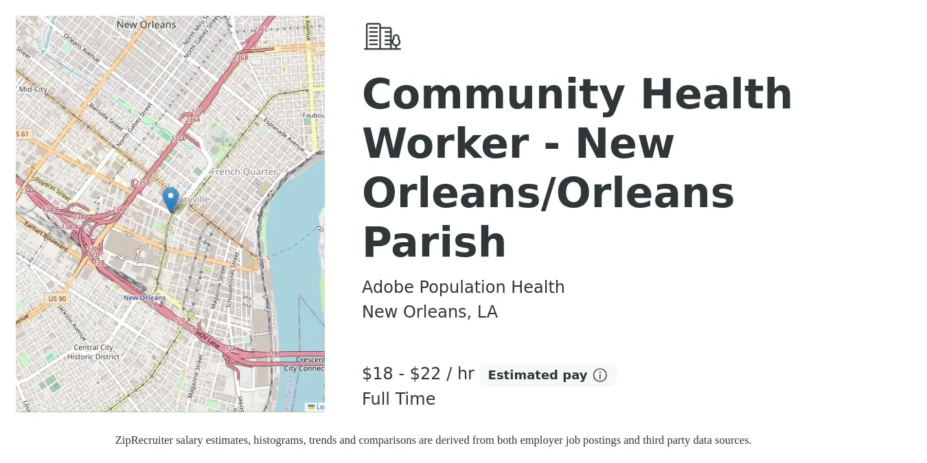 Adobe Population Health job posting for a Community Health Worker - New Orleans/Orleans Parish in New Orleans, LA with a salary of $19 to $23 Hourly with a map of New Orleans location.
