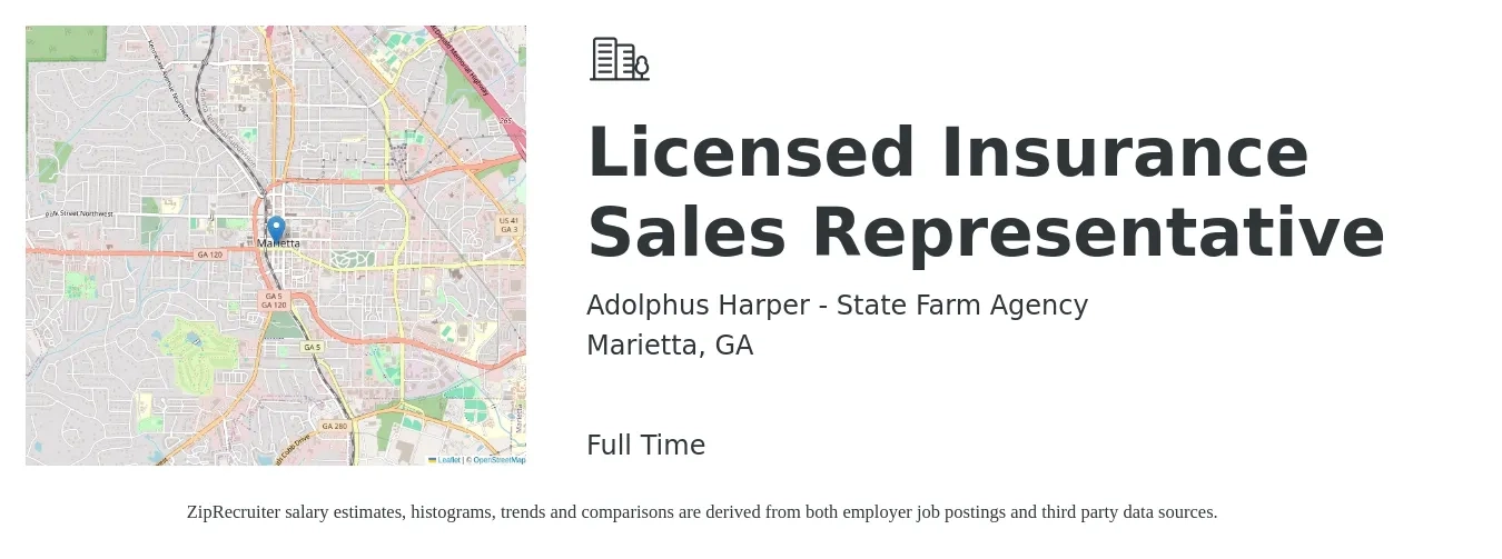 Adolphus Harper - State Farm Agency job posting for a Licensed Insurance Sales Representative in Marietta, GA with a salary of $41,300 to $102,200 Yearly with a map of Marietta location.