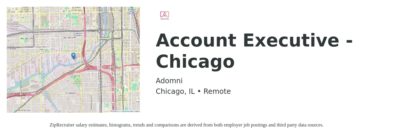 Adomni job posting for a Account Executive - Chicago in Chicago, IL with a salary of $95,000 to $120,000 Yearly with a map of Chicago location.