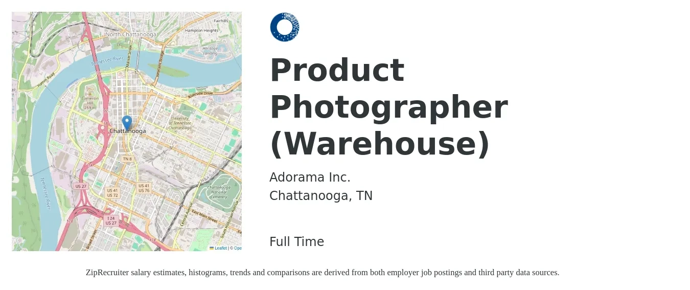 Adorama Inc. job posting for a Product Photographer (Warehouse) in Chattanooga, TN with a salary of $14 to $20 Hourly with a map of Chattanooga location.