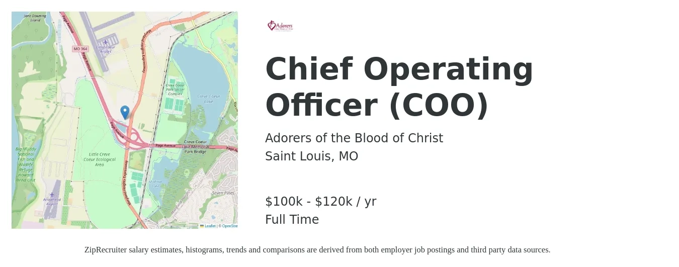 Adorers of the Blood of Christ job posting for a Chief Operating Officer (COO) in Saint Louis, MO with a salary of $100,000 to $120,000 Yearly with a map of Saint Louis location.