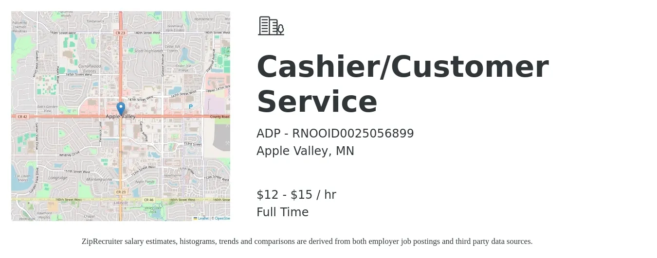 ADP - RNOOID0025056899 job posting for a Cashier/Customer Service in Apple Valley, MN with a salary of $13 to $16 Hourly with a map of Apple Valley location.