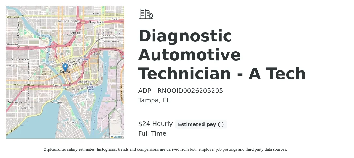 ADP - RNOOID0026205205 job posting for a Diagnostic Automotive Technician - A Tech in Tampa, FL with a salary of $25 Hourly with a map of Tampa location.