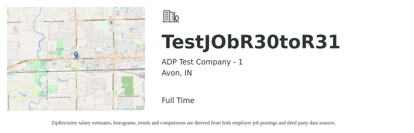 ADP Test Company - 1 job posting for a TestJObR30toR31 in Avon, IN with a map of Avon location.