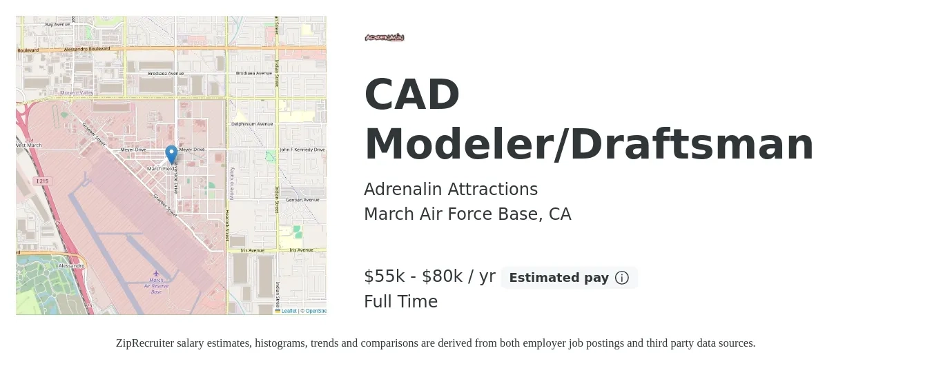 Adrenalin Attractions job posting for a CAD Modeler/Draftsman in March Air Force Base, CA with a salary of $55,000 to $80,000 Yearly with a map of March Air Force Base location.