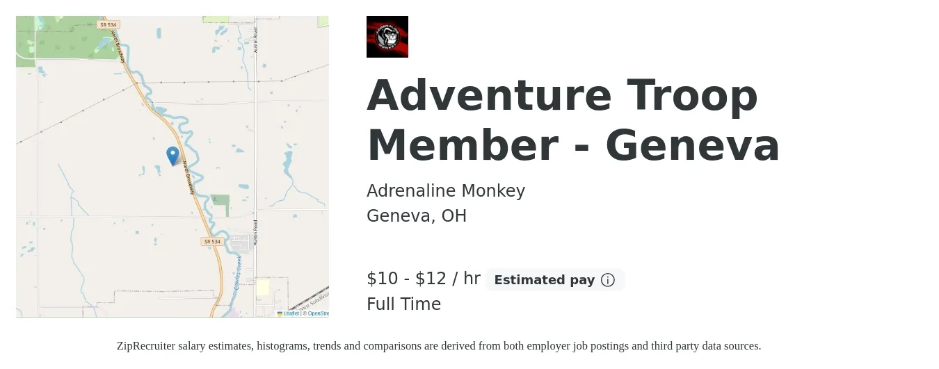 Adrenaline Monkey job posting for a Adventure Troop Member - Geneva in Geneva, OH with a salary of $10 to $13 Hourly with a map of Geneva location.