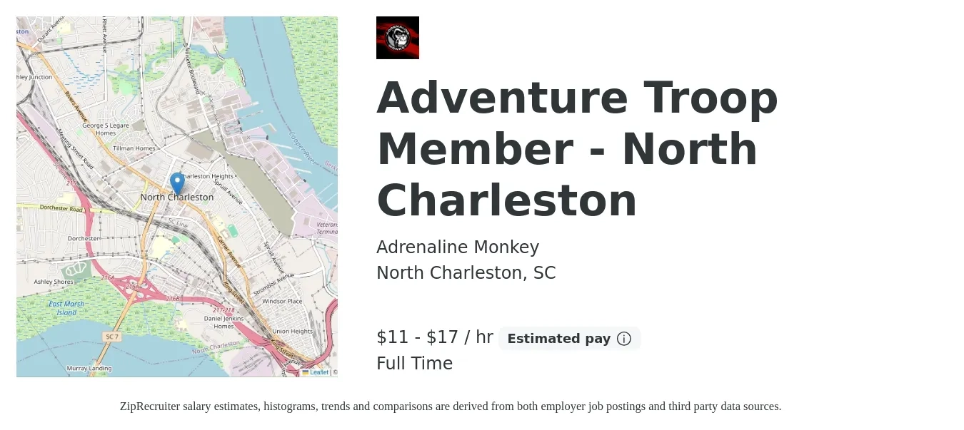 Adrenaline Monkey job posting for a Adventure Troop Member - North Charleston in North Charleston, SC with a salary of $12 to $18 Hourly with a map of North Charleston location.