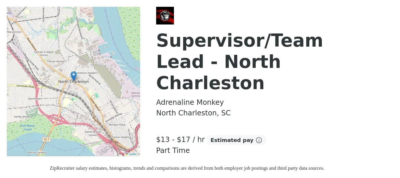 Adrenaline Monkey job posting for a Supervisor/Team Lead - North Charleston in North Charleston, SC with a salary of $14 to $18 Hourly with a map of North Charleston location.