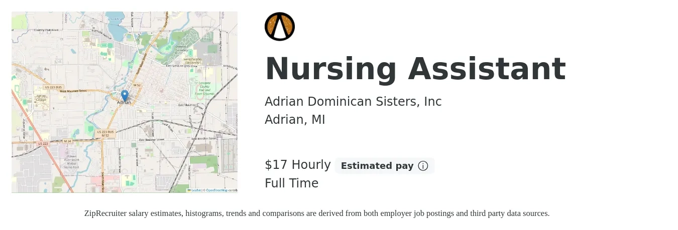 Adrian Dominican Sisters, Inc job posting for a Nursing Assistant in Adrian, MI with a salary of $18 Hourly with a map of Adrian location.