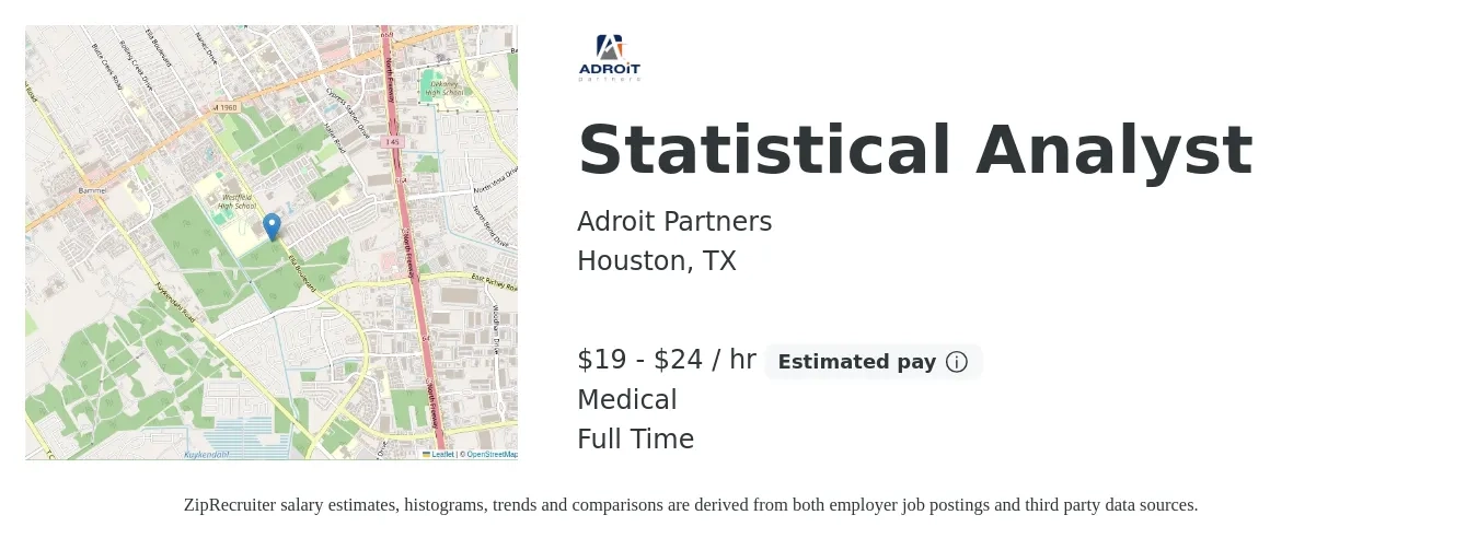 Adroit Partners job posting for a Statistical Analyst in Houston, TX with a salary of $20 to $25 Hourly and benefits including medical with a map of Houston location.