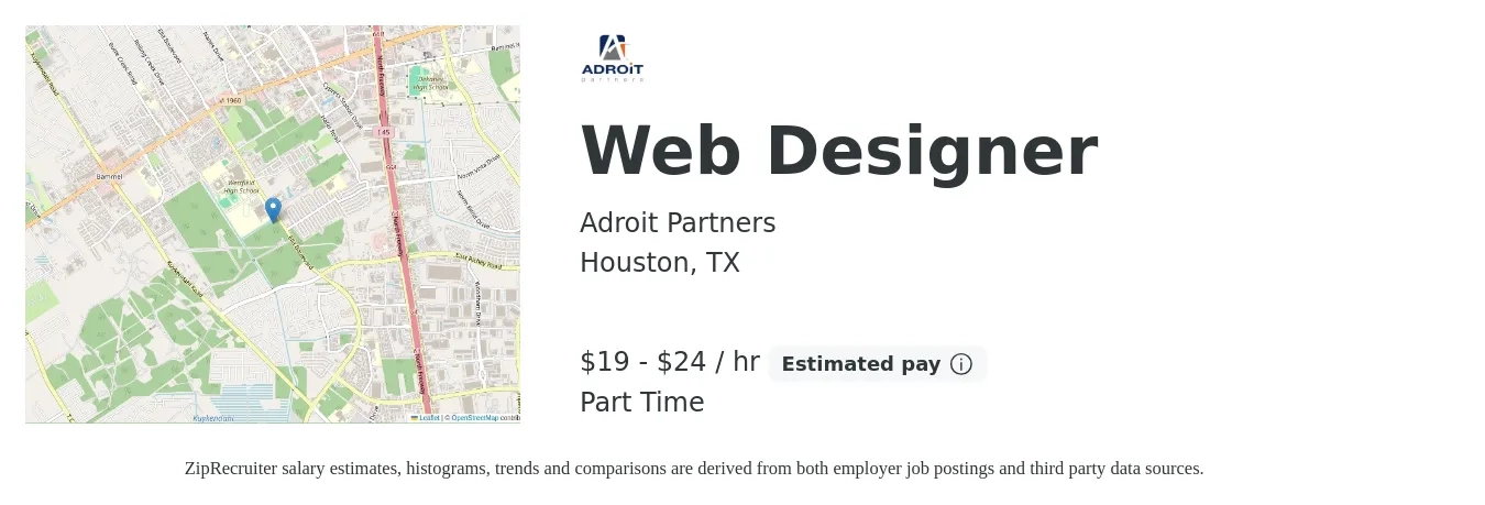 Adroit Partners job posting for a Web Designer in Houston, TX with a salary of $20 to $25 Hourly with a map of Houston location.